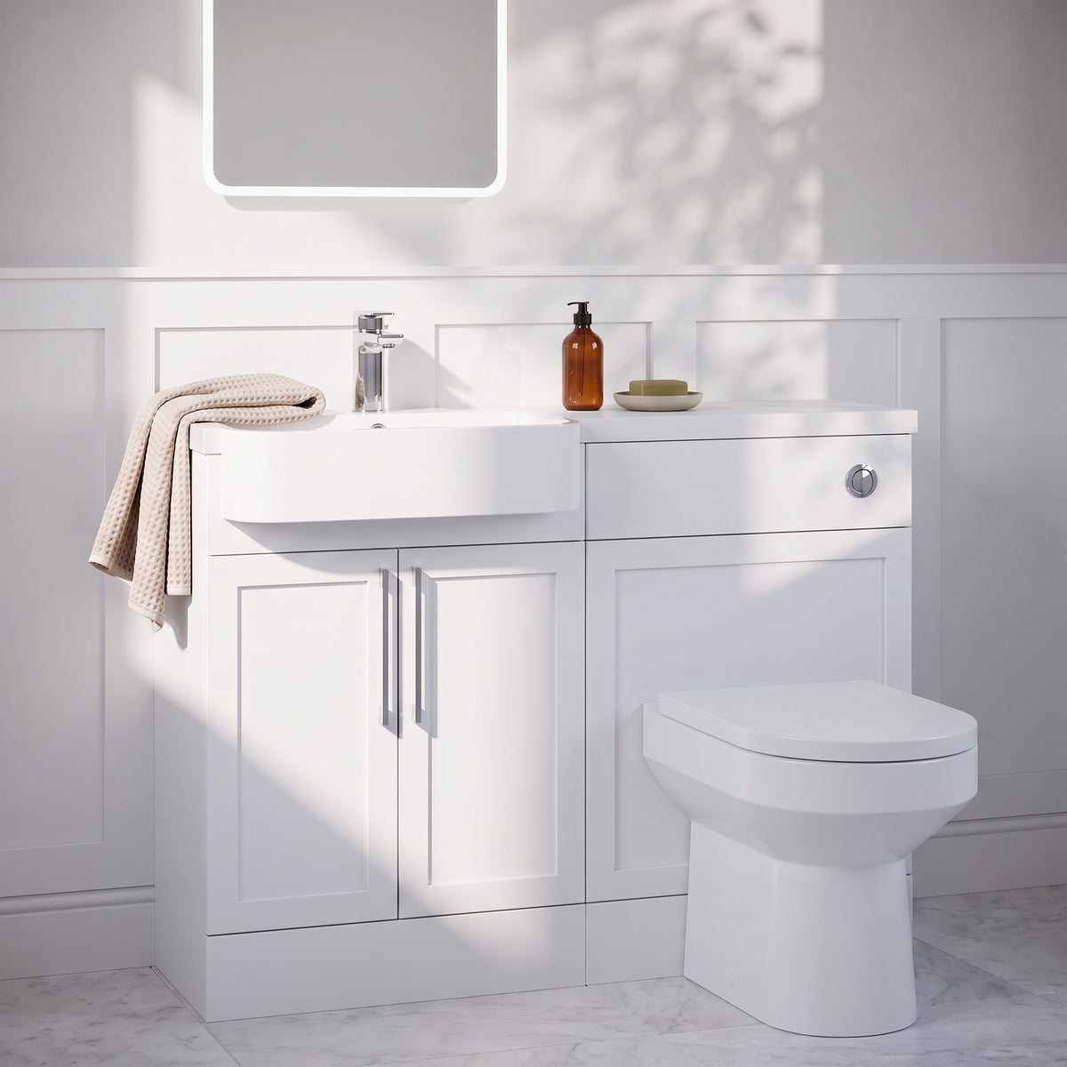 Fairford Union Style Shaker Matt White 1100mm Round Semi Recessed Basin Left Hand Combination Pack