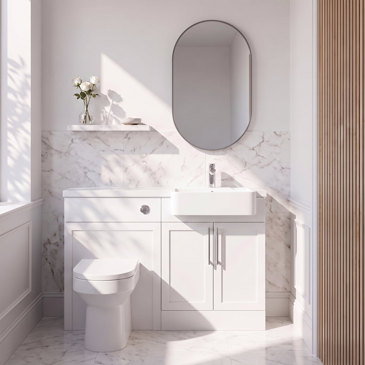 Fairford Union Style Shaker Matt White 1100mm Round Semi Recessed Basin Right Hand Combination Pack