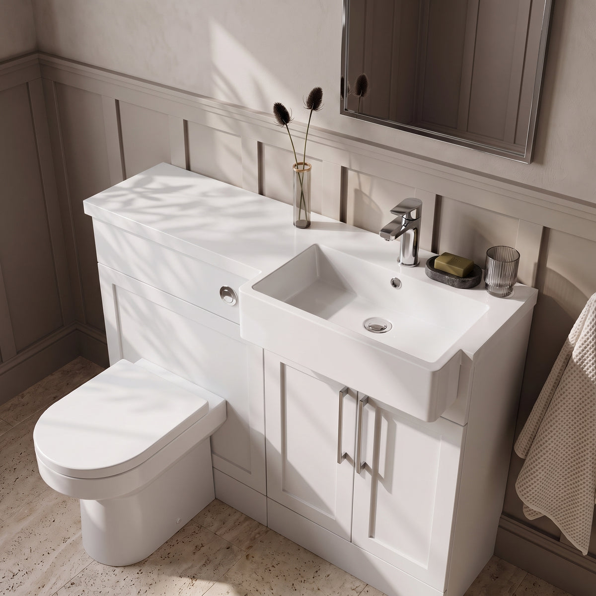 Fairford Union Style Shaker Matt White 1000mm Square Semi Recessed Basin Right Hand Combination Pack
