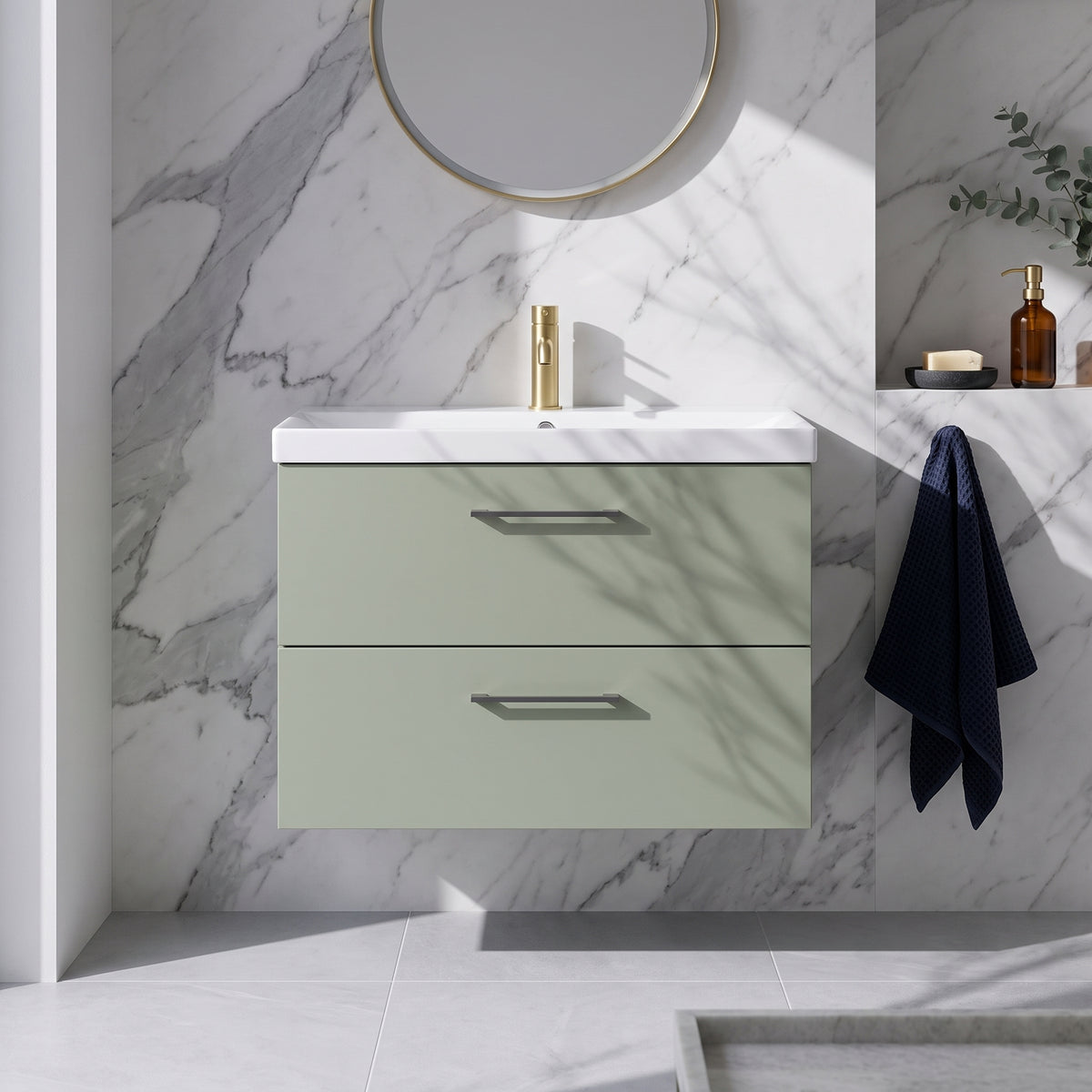 Fairford Aspri 800mm Satin Green -Drawer Wall Hung Vanity Unit