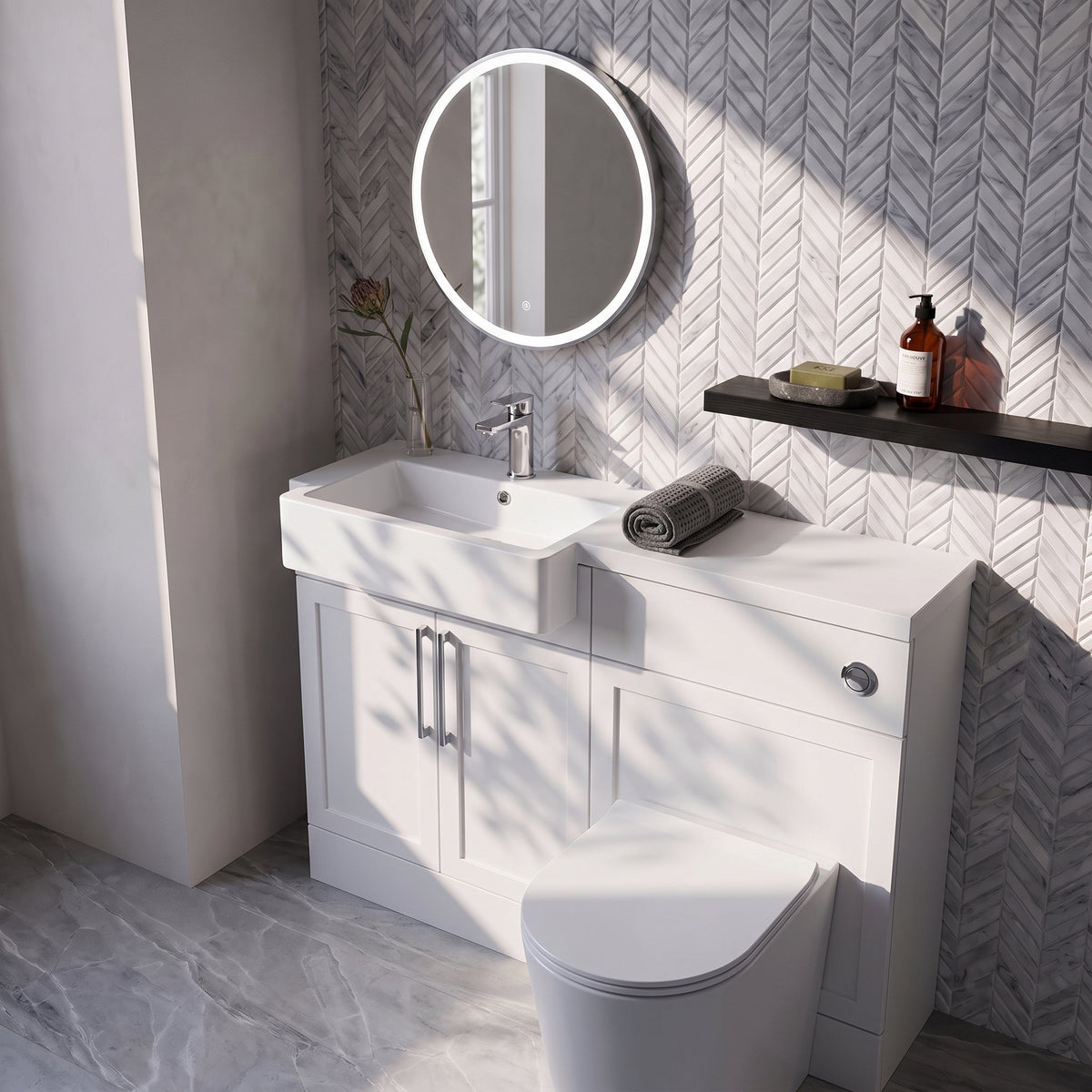 Fairford Union Style Shaker Matt White 1100mm Square Semi Recessed Basin Left Hand Combination Pack