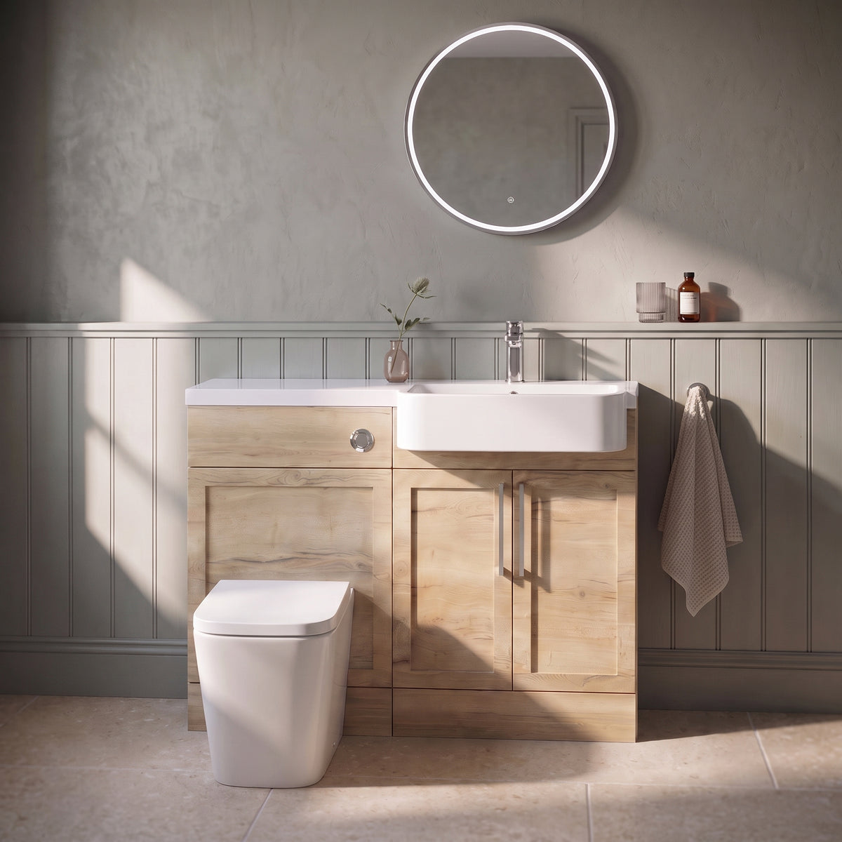 Fairford Union Style Shaker Dark Oak 1100mm Round Semi Recessed Basin Right Hand Combination Pack