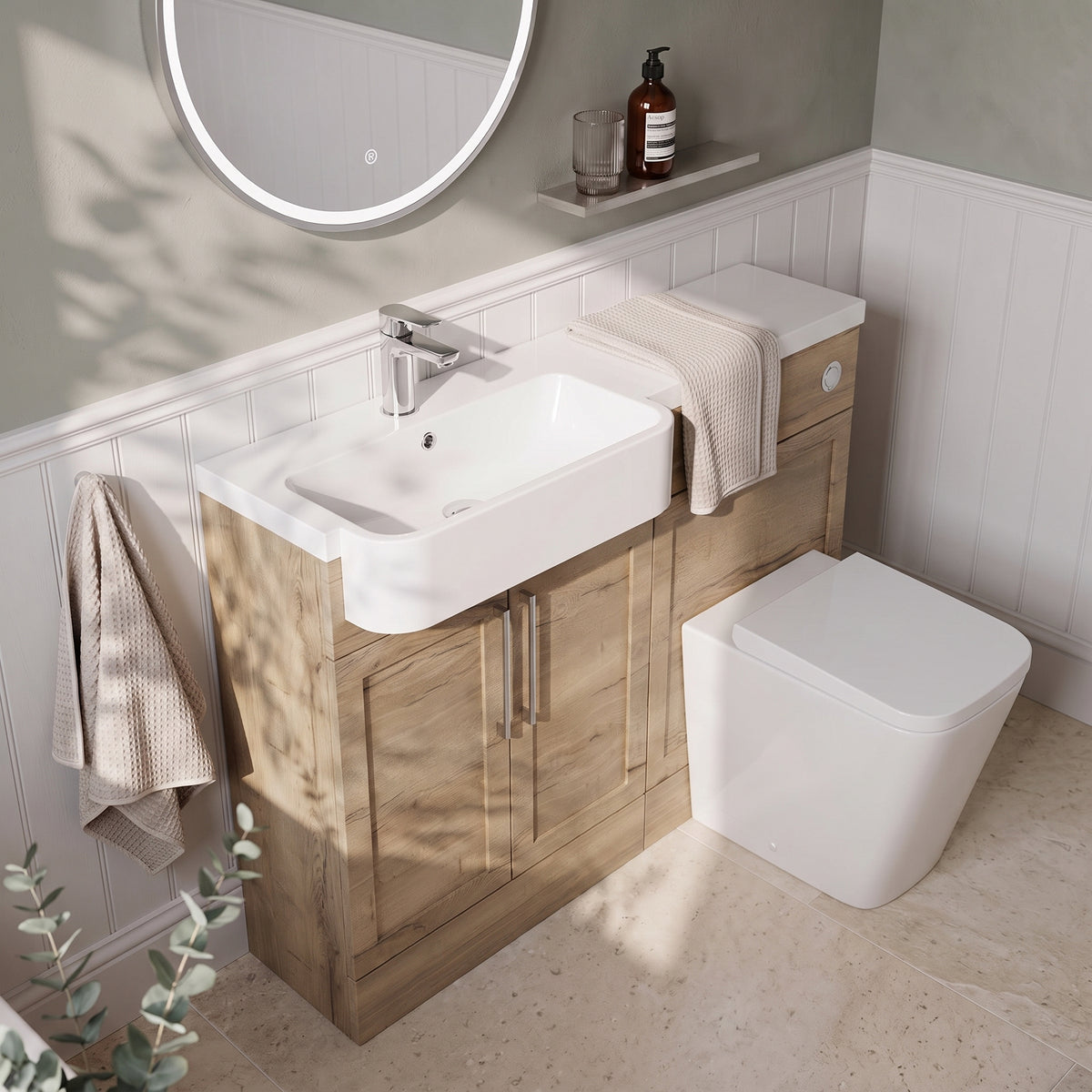 Fairford Union Style Shaker Dark Oak 1100mm Round Semi Recessed Basin Left Hand Combination Pack