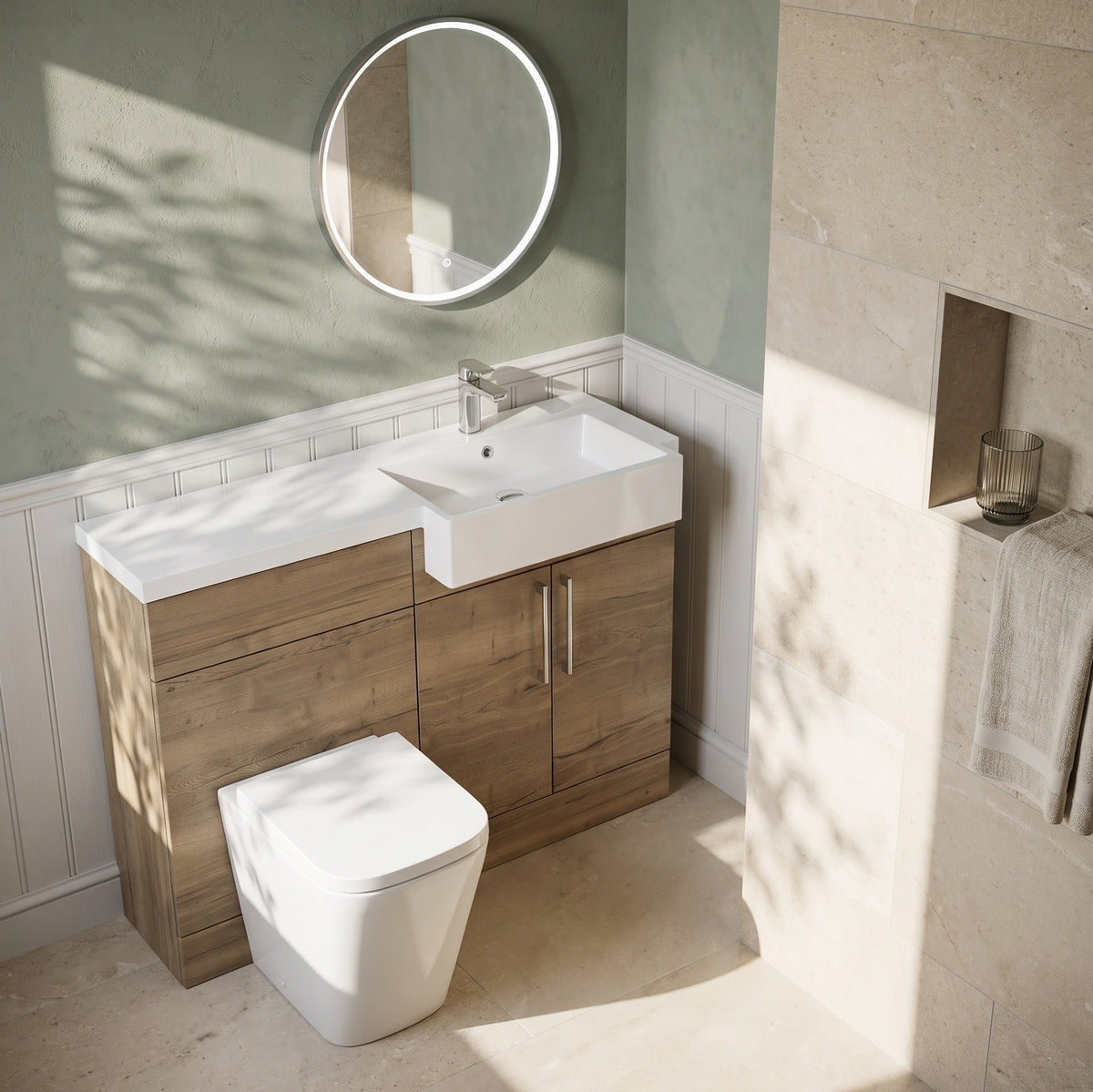 Fairford Union Style Slab Dark Oak 1100mm Square Semi Recessed Basin Right Hand Combination Pack