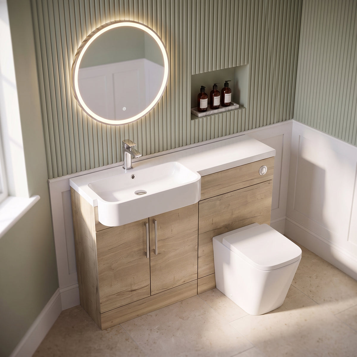 Fairford Union Style Slab Dark Oak 1100mm Round Semi Recessed Basin Left Hand Combination Pack