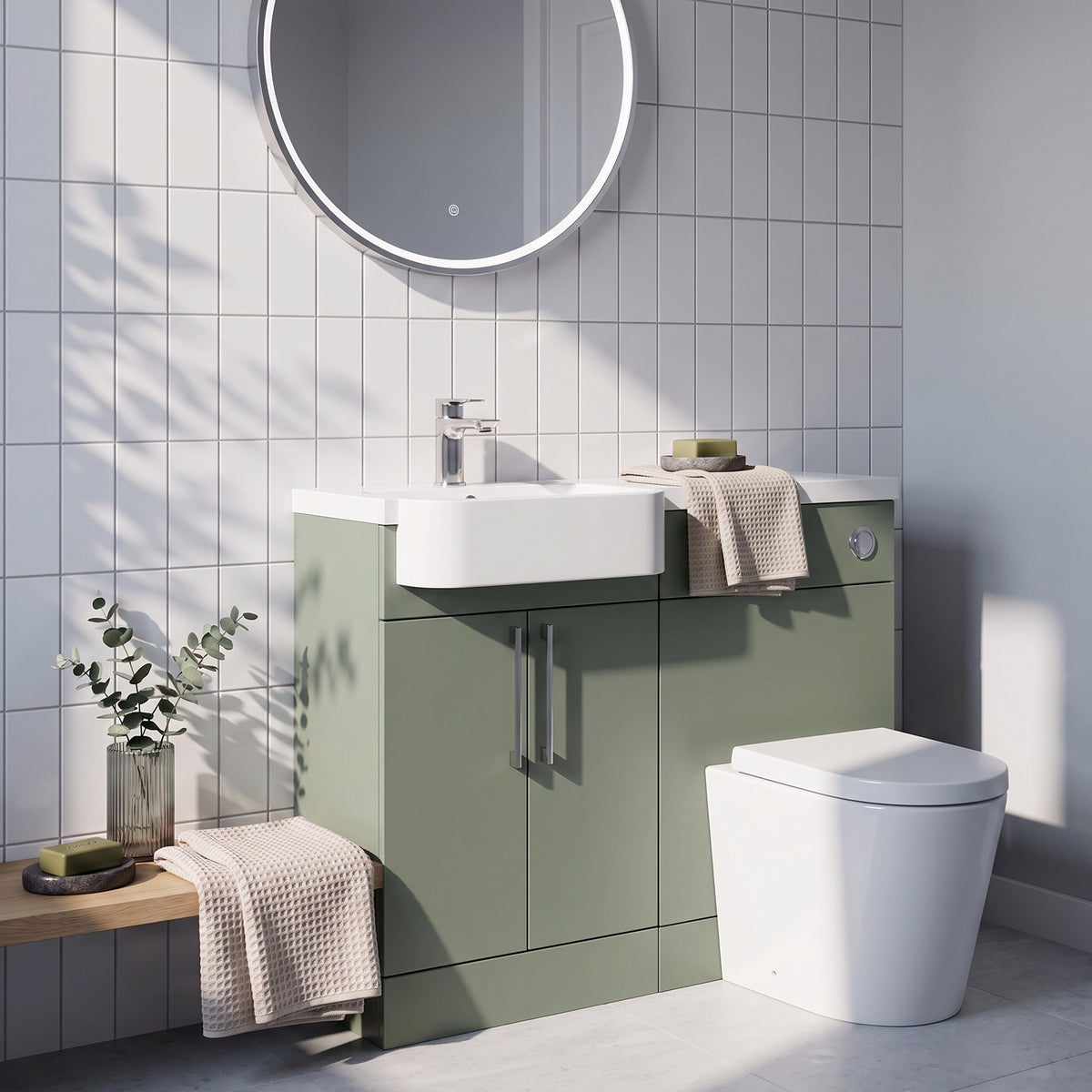 Fairford Union Style Slab Matt Lux Green 1000mm Round Semi Recessed Basin Left Hand Combination Pack