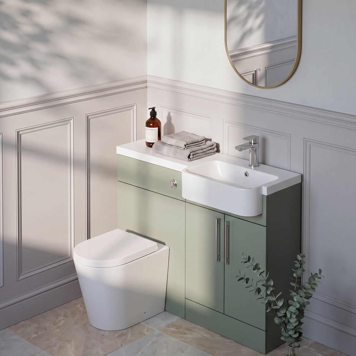 Fairford Union Style Slab Matt Lux Green 1000mm Round Semi Recessed Basin Right Hand Combination Pack