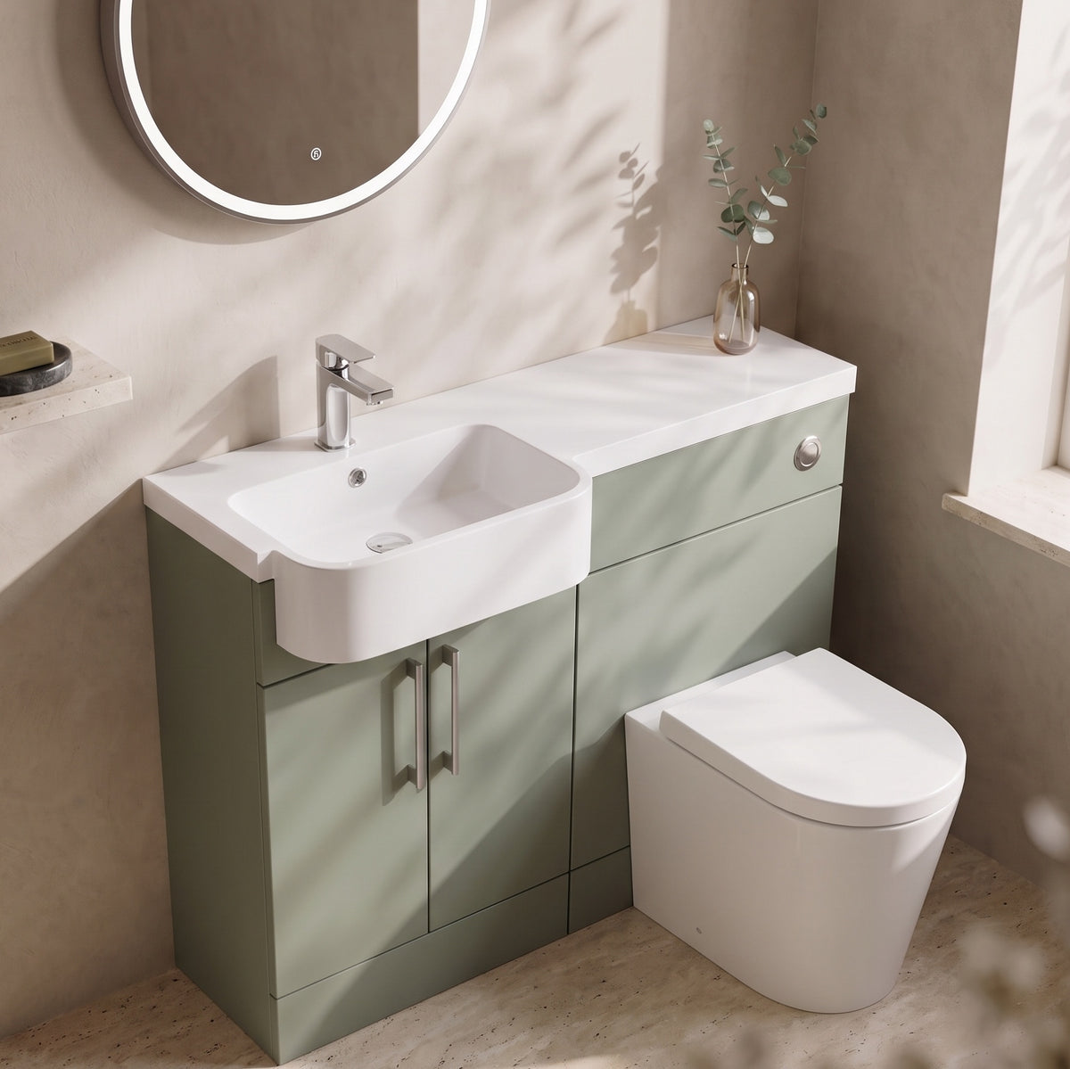 Fairford Union Style Slab Matt Lux Green 1000mm Round Semi Recessed Basin Left Hand Combination Pack