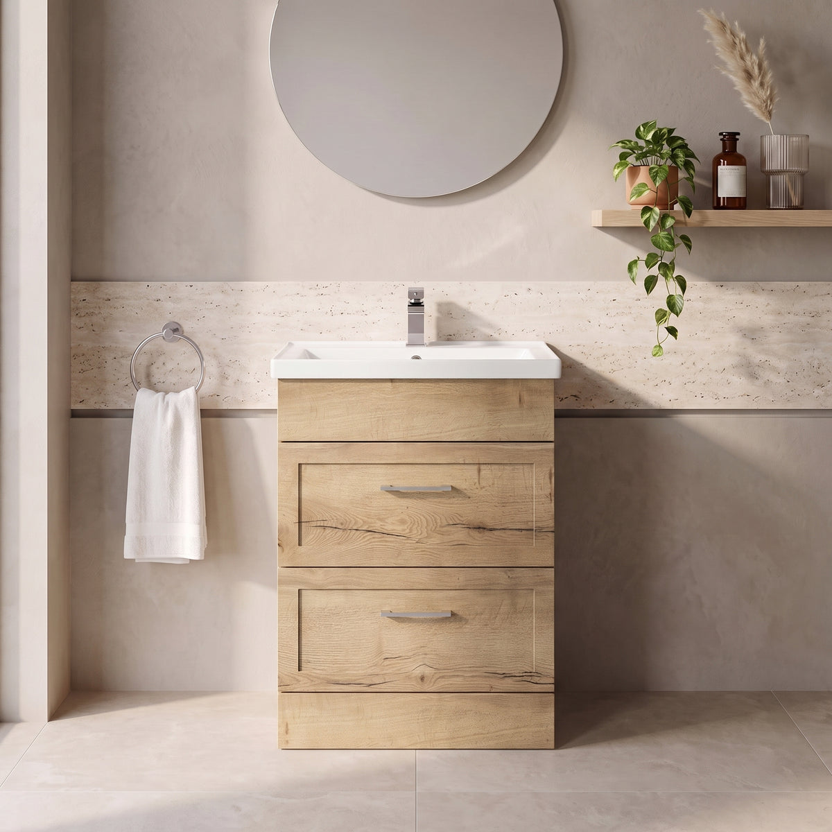 Fairford Union Style Shaker Dark Oak 600mm Full Depth 2 Drawer Vanity Unit