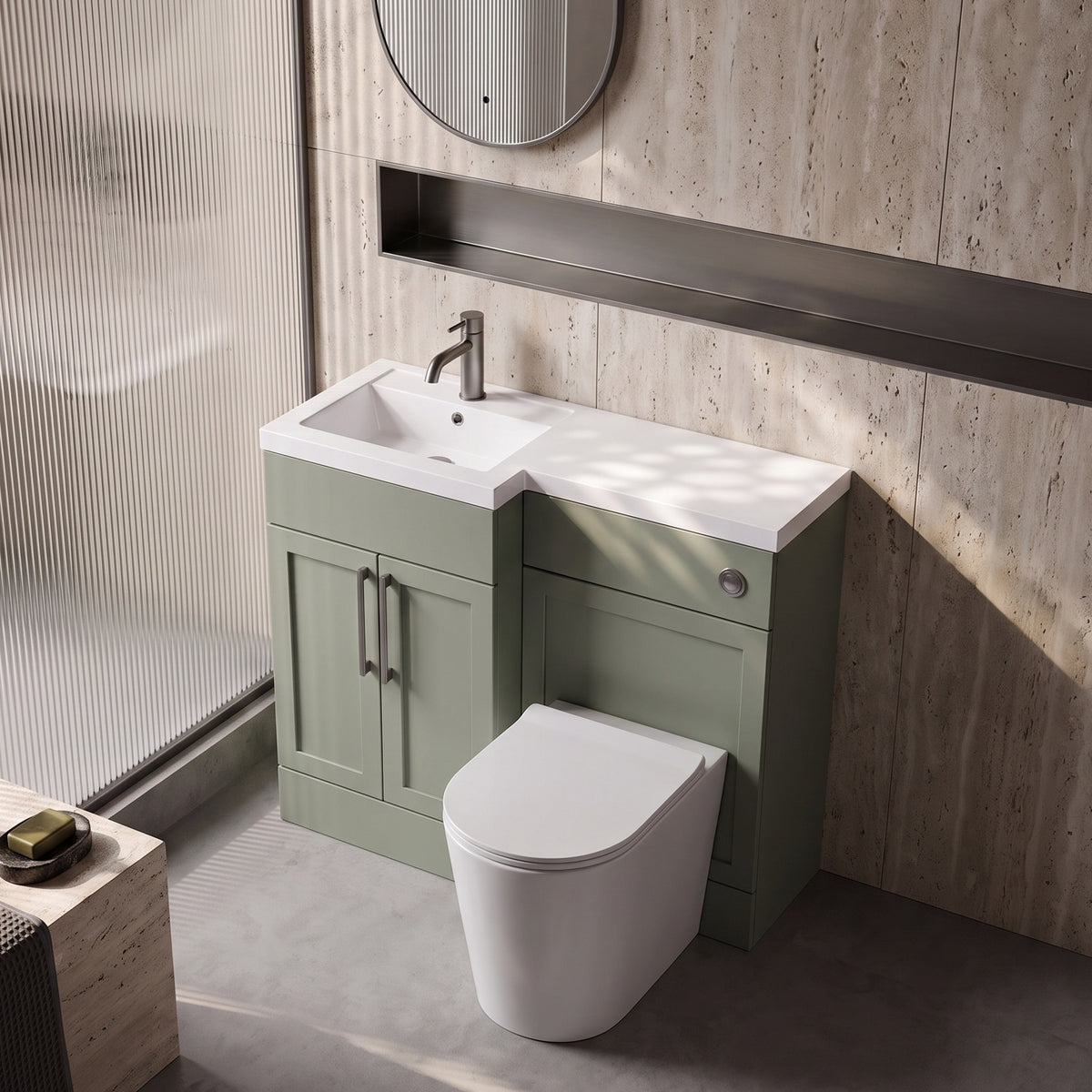 Fairford Union Style Shaker Matt Lux Green 1000mm L Shape Left Hand Combination Pack
