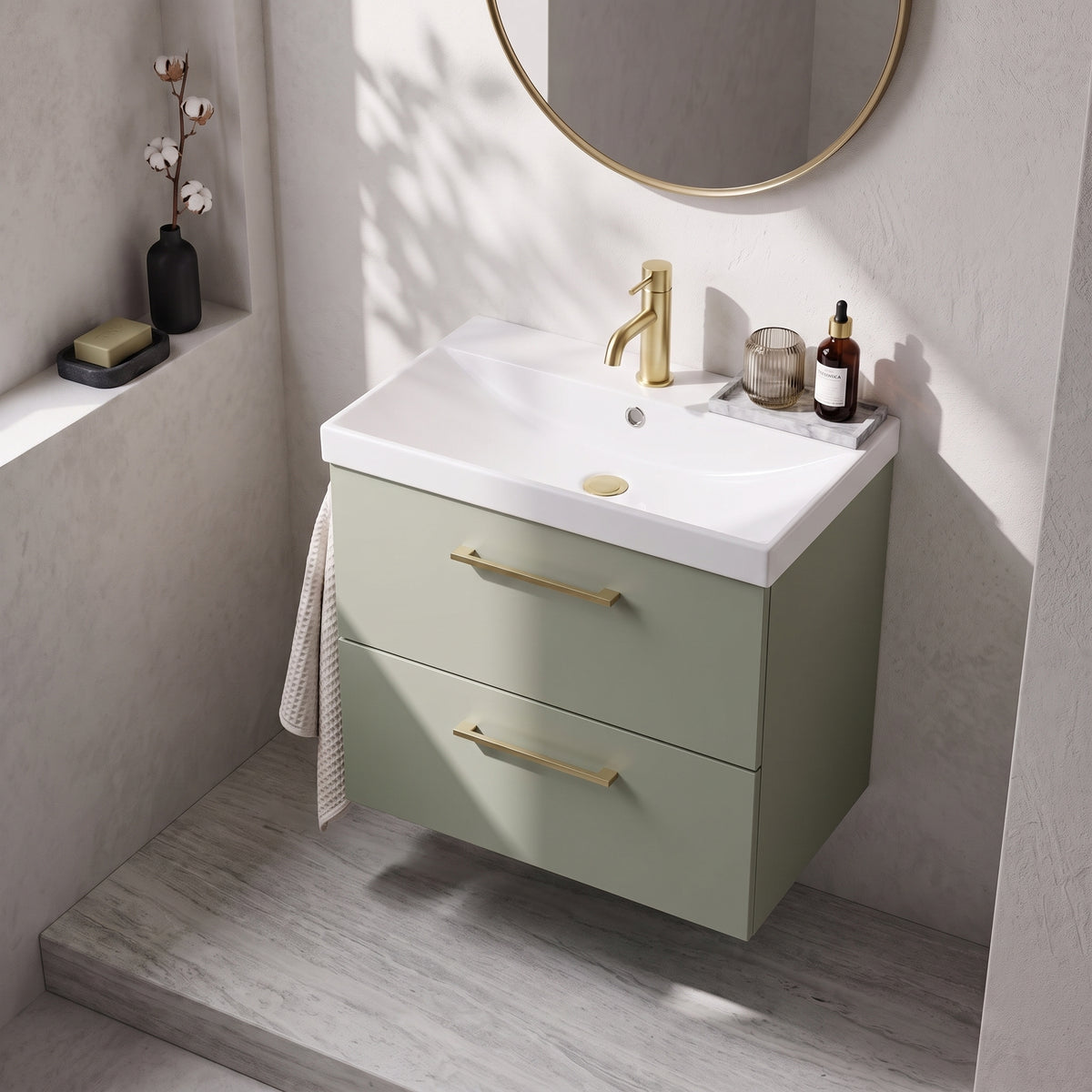 Fairford Aspri 600mm Satin Green 2-Drawer Wall Hung Vanity Unit