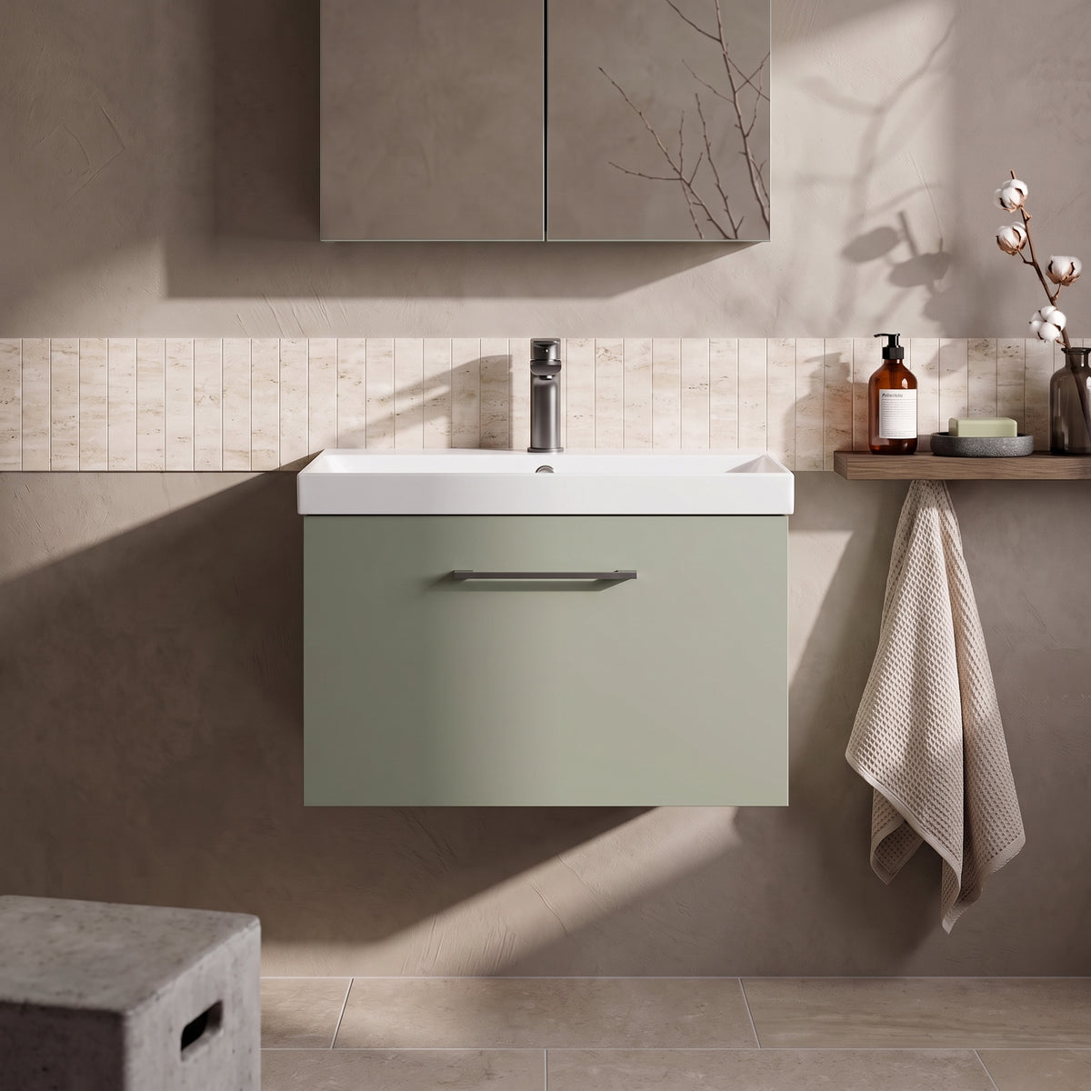 Fairford Aspri 600mm Satin Green Wall Hung Vanity Unit, 40mm Basin