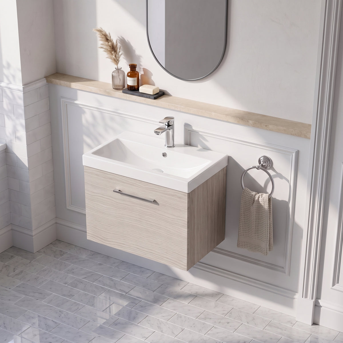 Fairford Aspri 600mm Solace Oak Wall Hung Vanity Unit, 40mm Basin