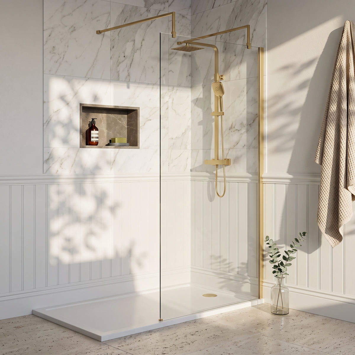 Fairford 1000mm 8mm Brushed Brass Wetroom Screen, 2 Support Arms
