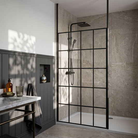 Fairford 1000mm 8mm Matt Black Crittall Wetroom Screen, 2 Ceiling Posts