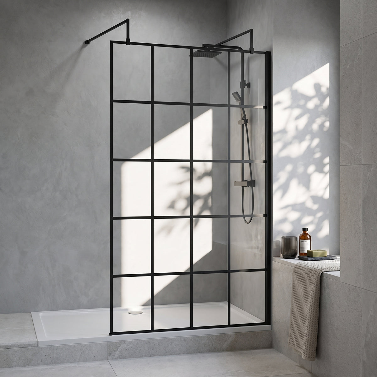 Fairford 1000mm 8mm Matt Black Crittall Wetroom Screen, 2 Support Arms
