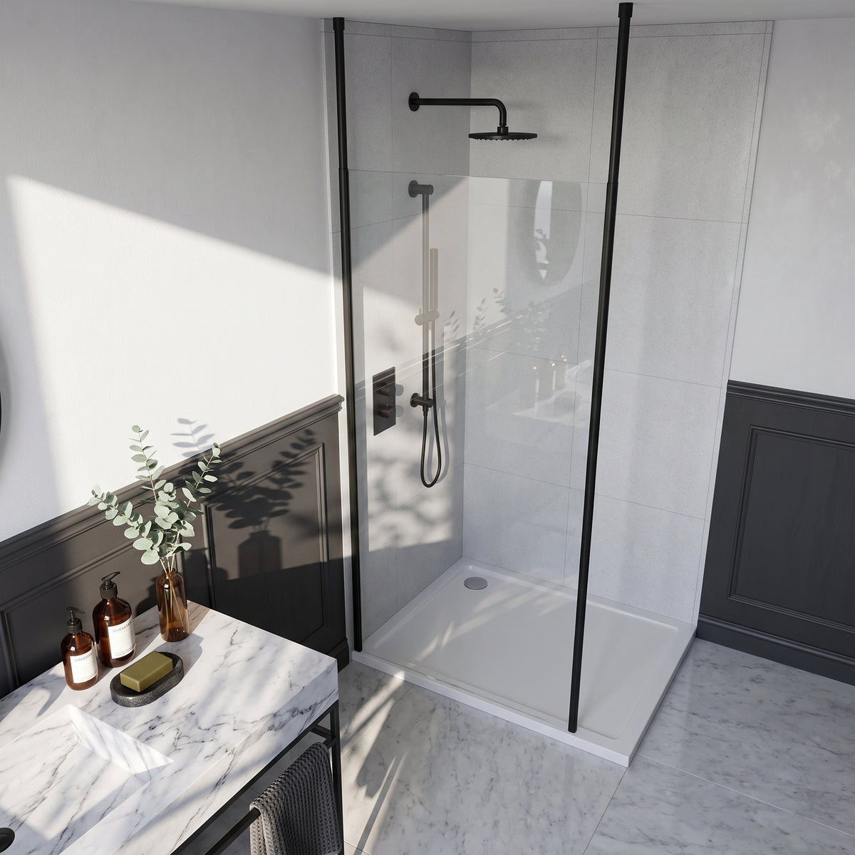Fairford 1000mm 8mm Matt Black Framed Wetroom Screen, 2 Ceiling Posts