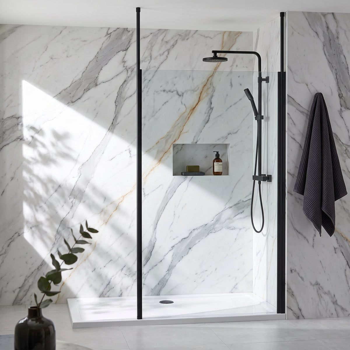 Fairford 1100mm 8mm Matt Black Framed Wetroom Screen, 2 Ceiling Posts