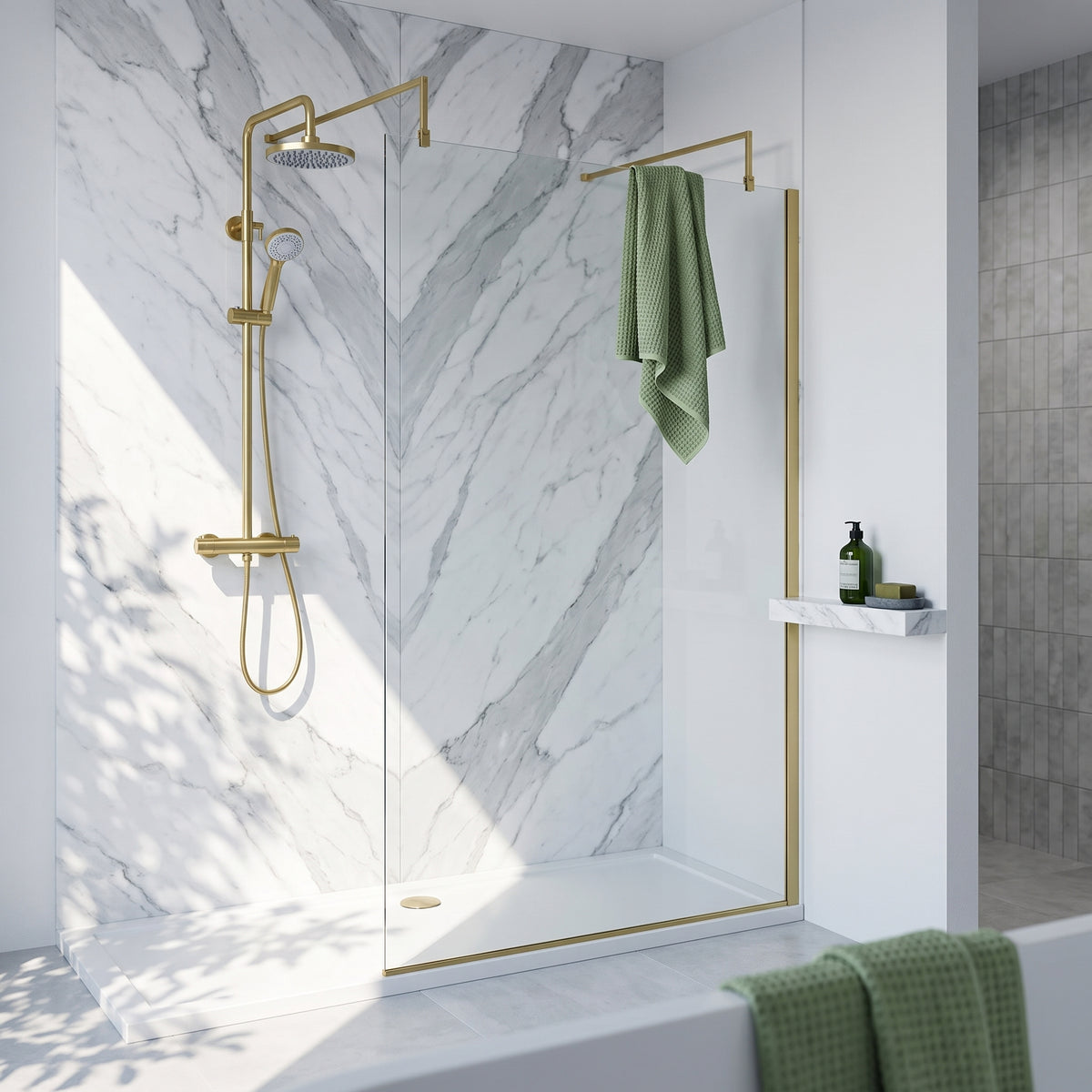 Fairford 1200mm 8mm Brushed Brass Wetroom Screen, 2 Support Arms