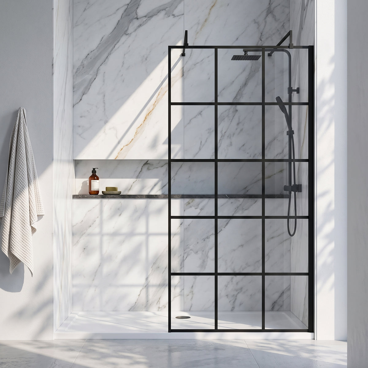 Fairford 1200mm 8mm Matt Black Crittall Wetroom Screen, 2 Support Arms