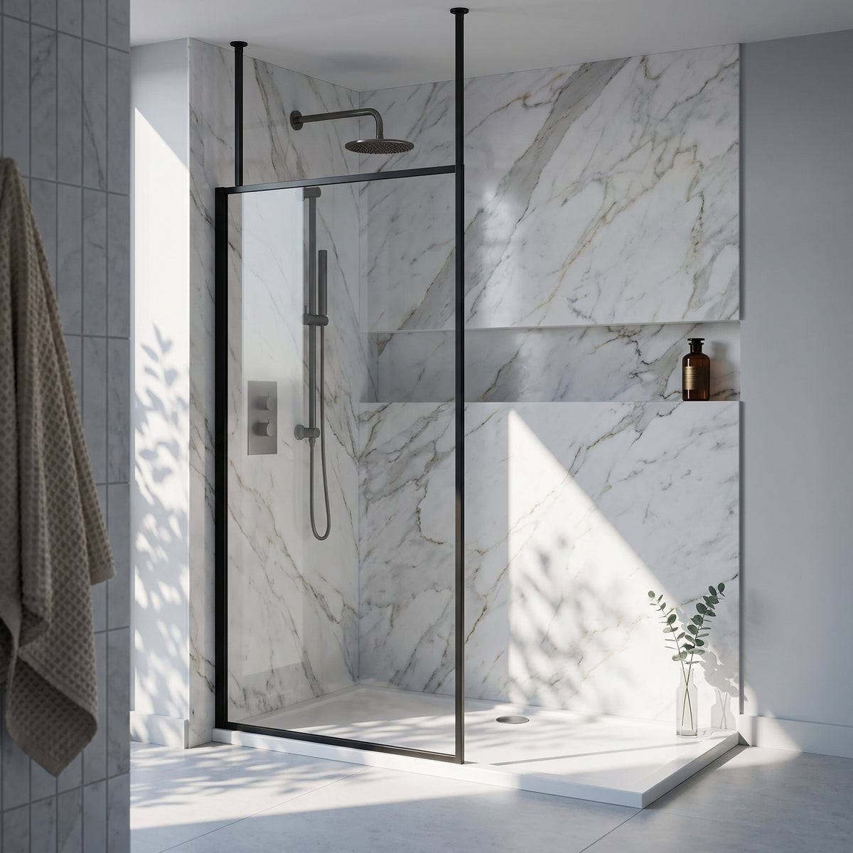 Fairford 1200mm 8mm Matt Black Framed Wetroom Screen, 2 Ceiling Posts