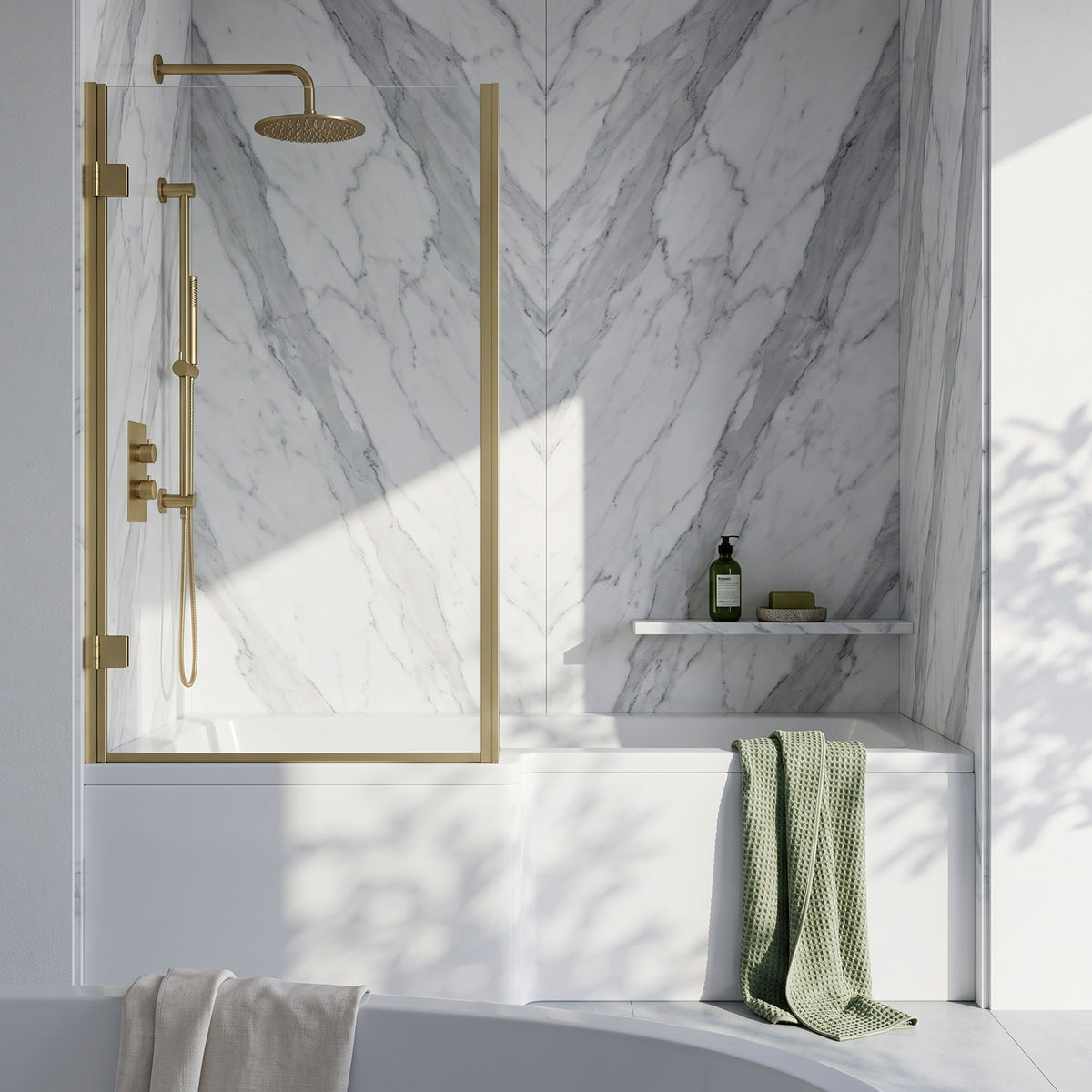 Fairford 6mm Brushed Brass L Shape Shower Bath Screen with Fixed Return