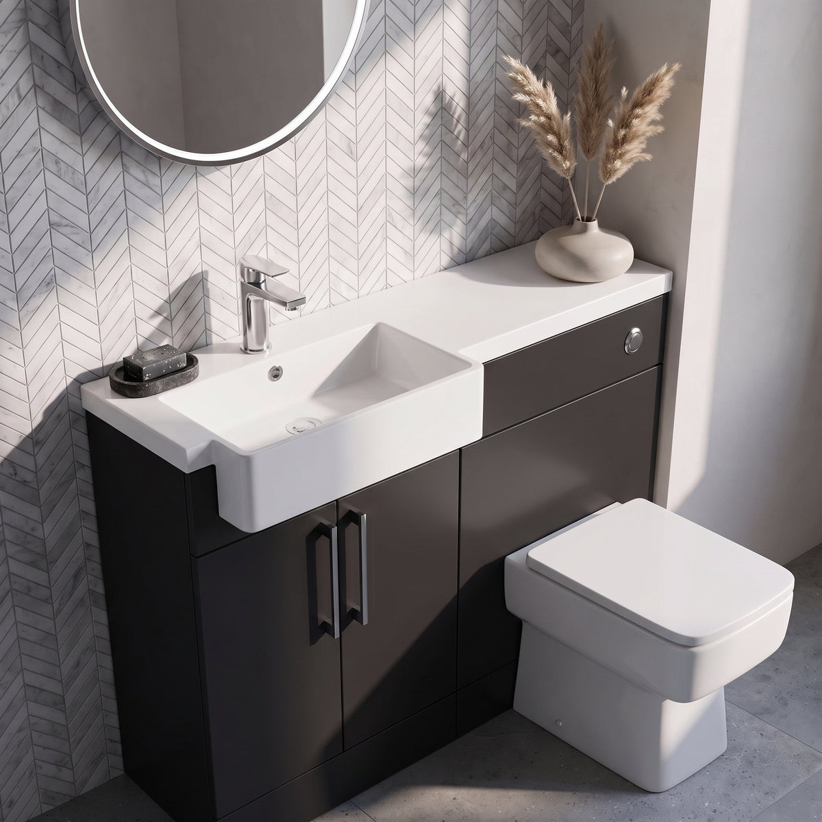 Fairford Union Style Slab Matt Soft Black 1000mm Square Semi Recessed Basin Left Hand Combination Pack
