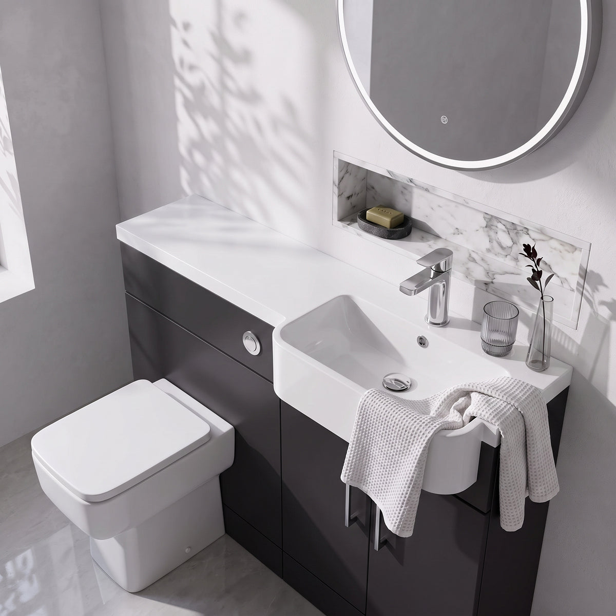 Fairford Union Style Slab Matt Soft Black 1000mm Round Semi Recessed Basin Right Hand Combination Pack