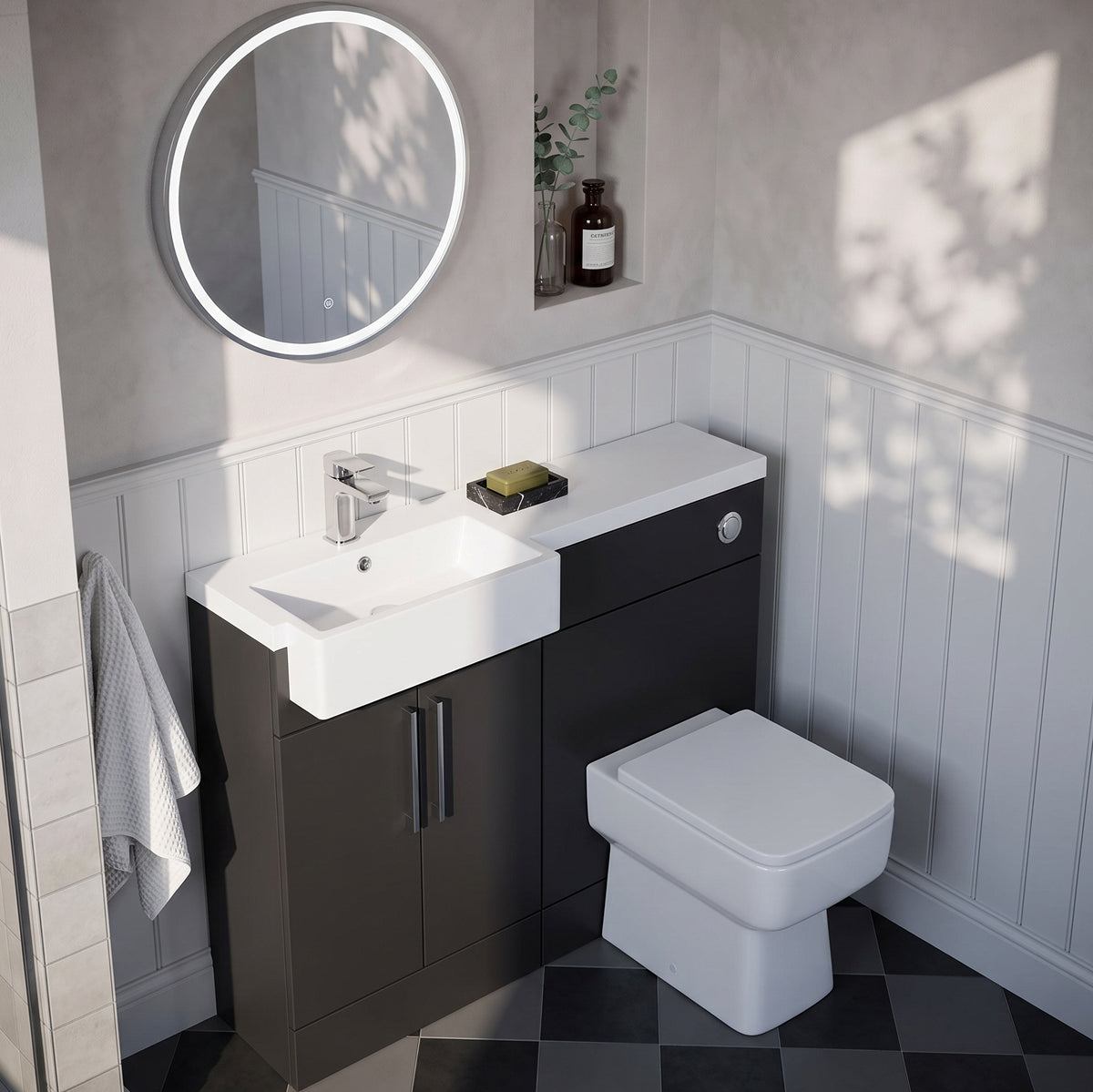 Fairford Union Style Slab Matt Soft Black 1000mm Square Semi Recessed Basin Left Hand Combination Pack