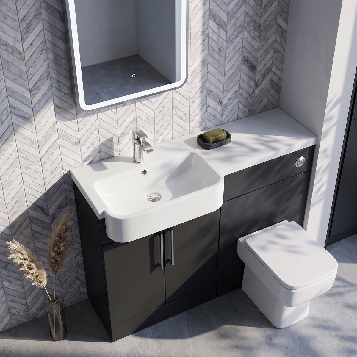 Fairford Union Style Slab Matt Soft Black 1100mm Round Semi Recessed Basin Left Hand Combination Pack