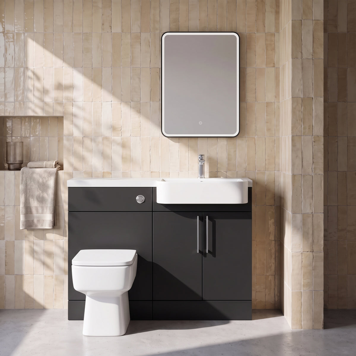 Fairford Union Style Slab Matt Soft Black 1100mm Round Semi Recessed Basin Right Hand Combination Pack