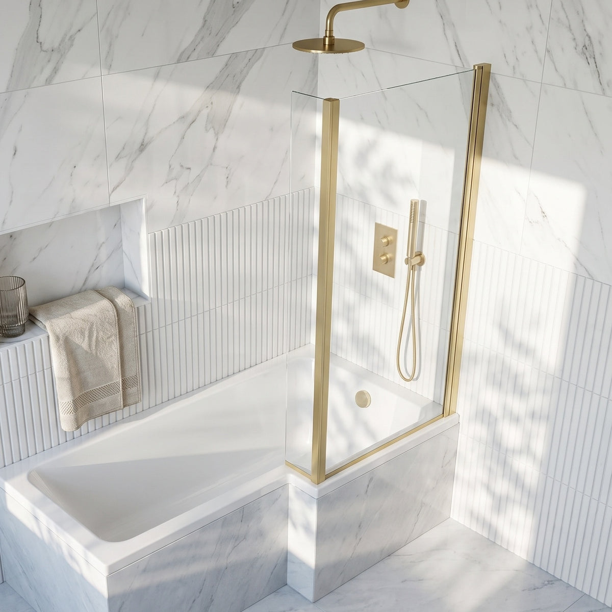 Fairford 6mm Brushed Brass L Shape Hinged Bath Screen