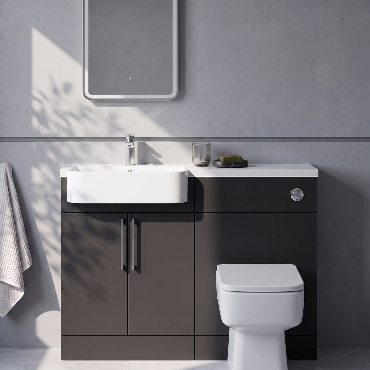 Fairford Union Style Slab Matt Soft Black 1100mm Round Semi Recessed Basin Left Hand Combination Pack