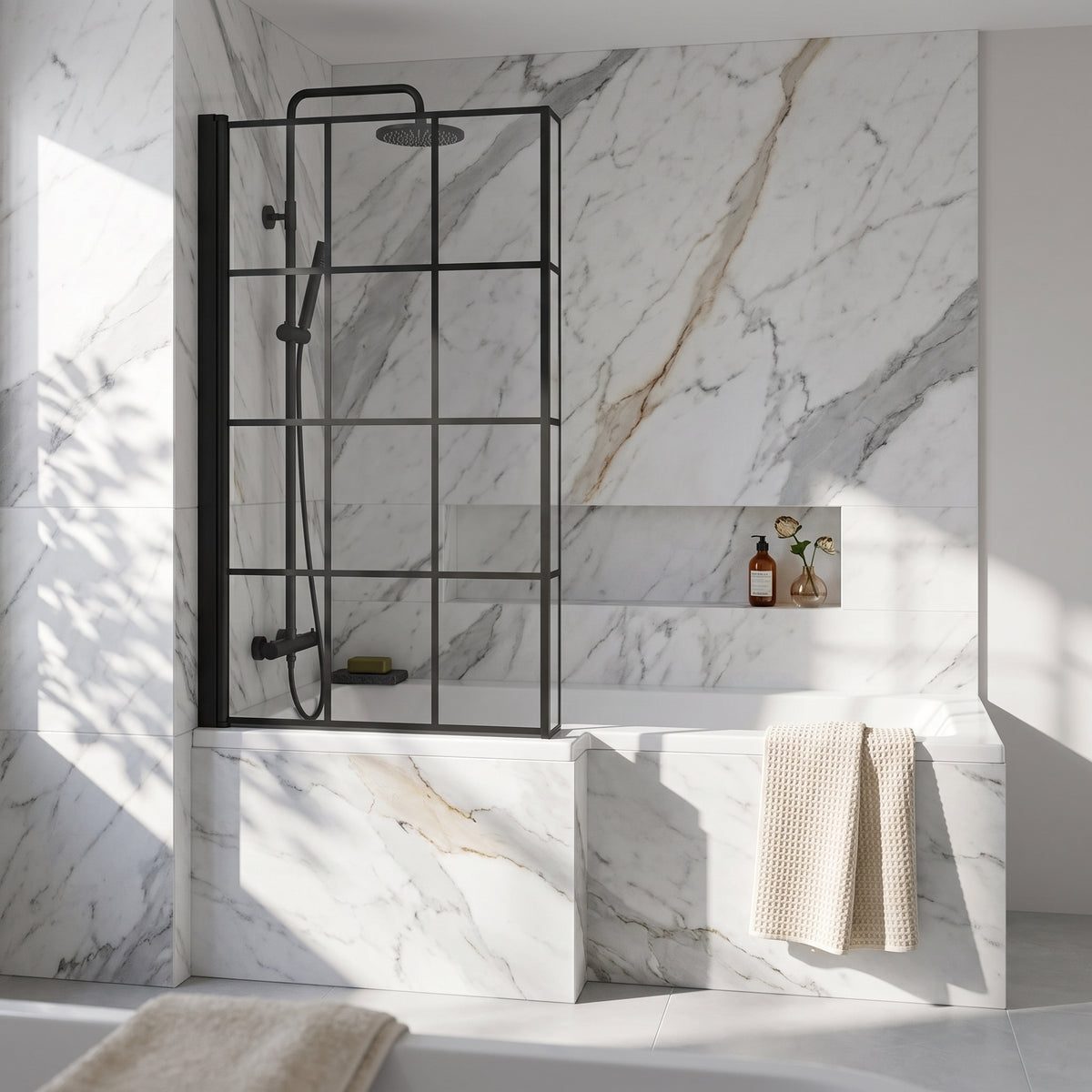 Fairford 6mm L Shaped Shower Bath Screen, Matt Black Framed