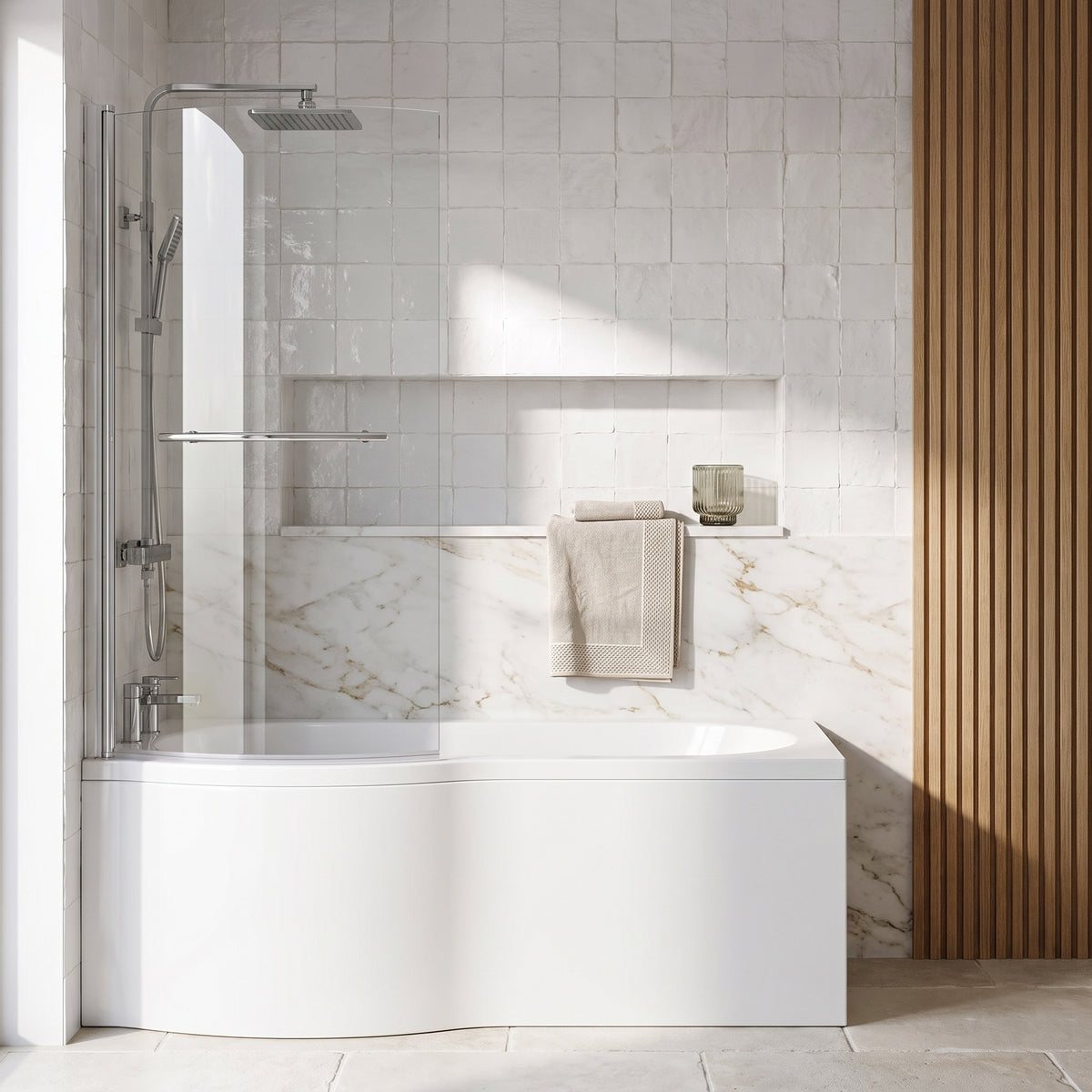 Fairford 6mm P Shaped Shower Bath Screen with Rail