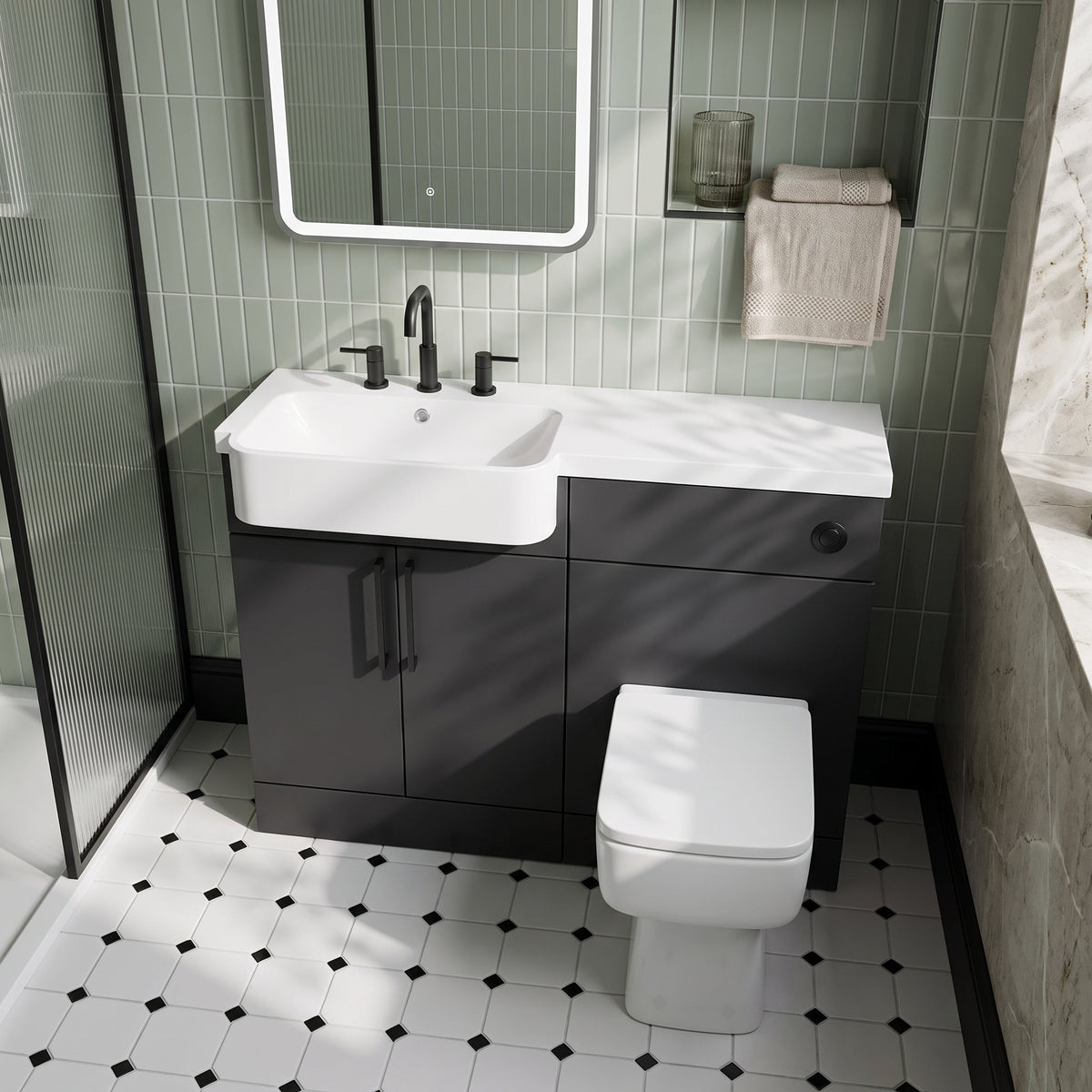 Fairford Union Style Slab Matt Soft Black 1100mm Round Semi Recessed Basin Left Hand Combination Pack
