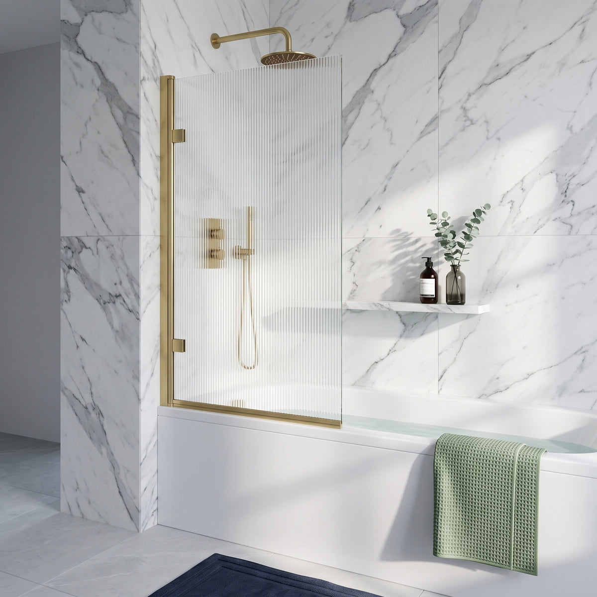 Fairford 8mm Brushed Brass Fluted Square Hinged Bath Screen