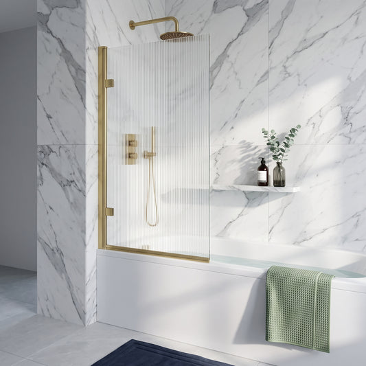Fairford 8mm Brushed Brass Fluted Square Hinged Bath Screen