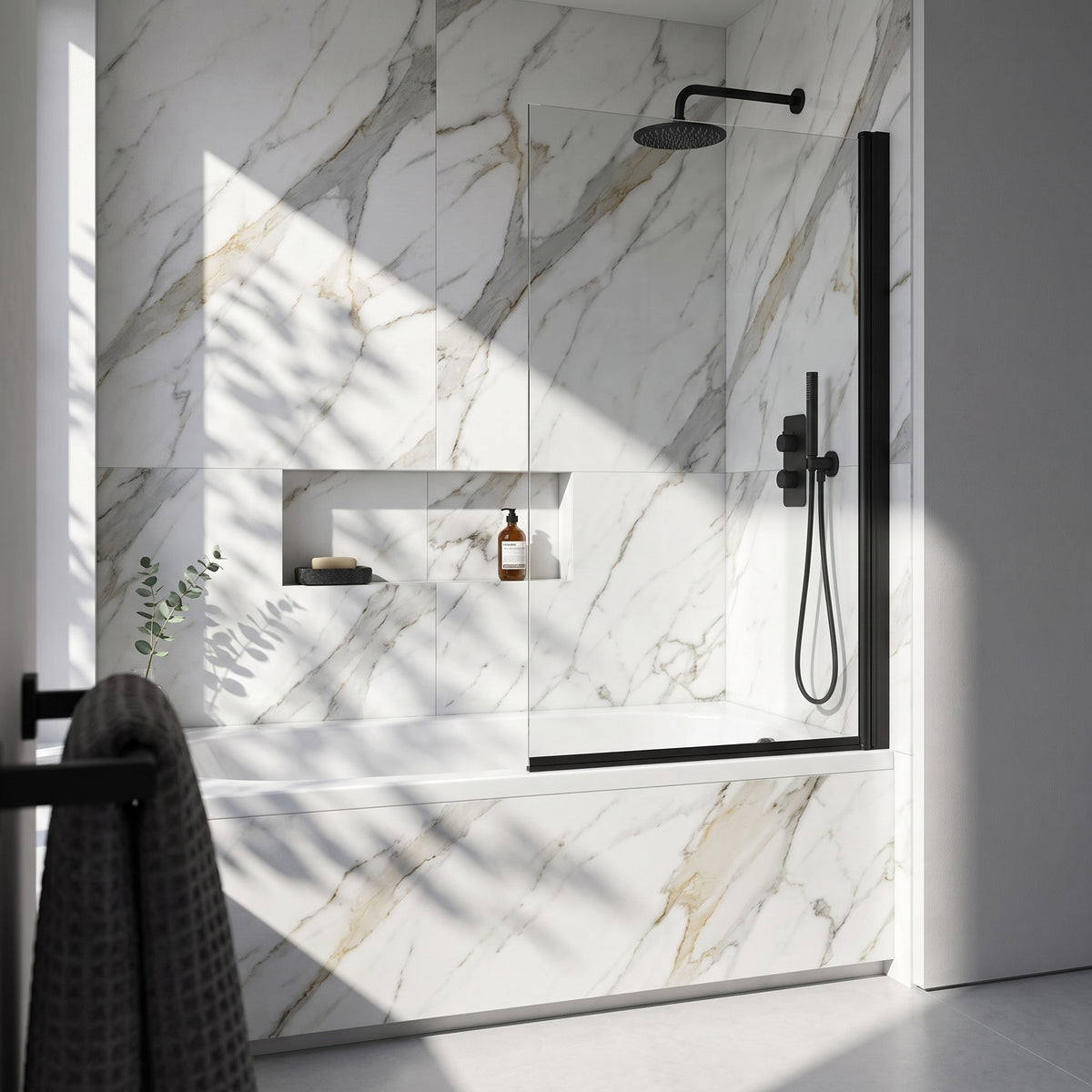 Fairford Matt Black Hinged Bath Screen