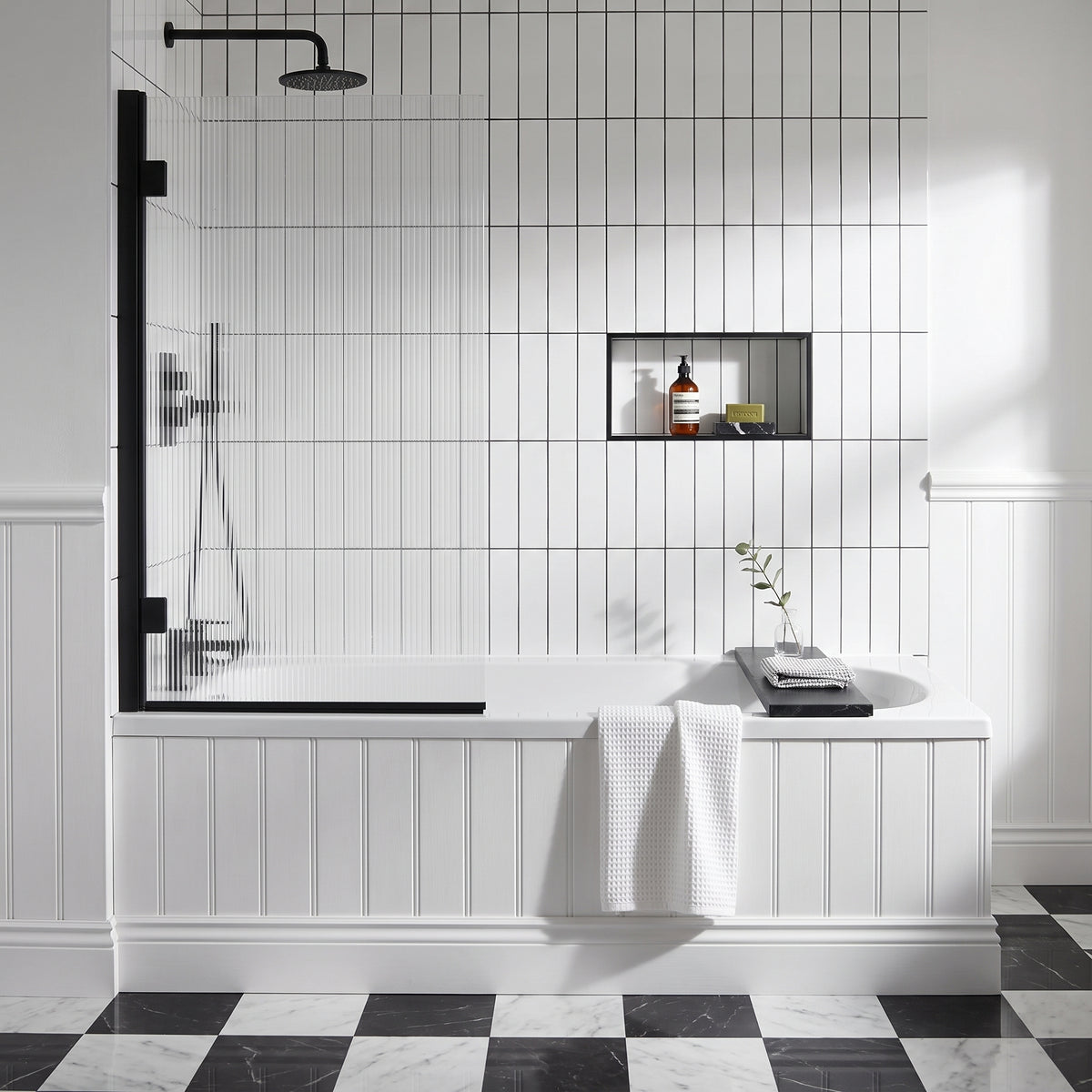 Fairford 8mm Matt Black Square Hinged Bath Screen