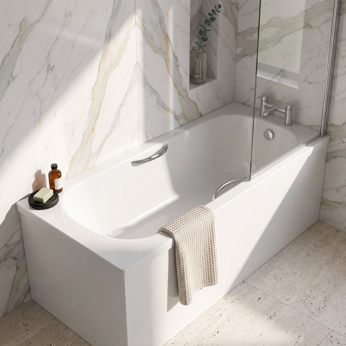1700 x 700mm Steel Bath Twin Grips, 2TH, Anti Slip