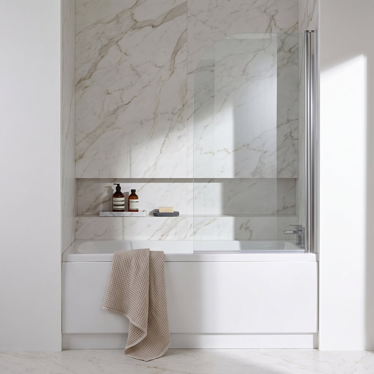 Fairford 6mm Radius Shower Bath Screen — Bright White Marble lifestyle