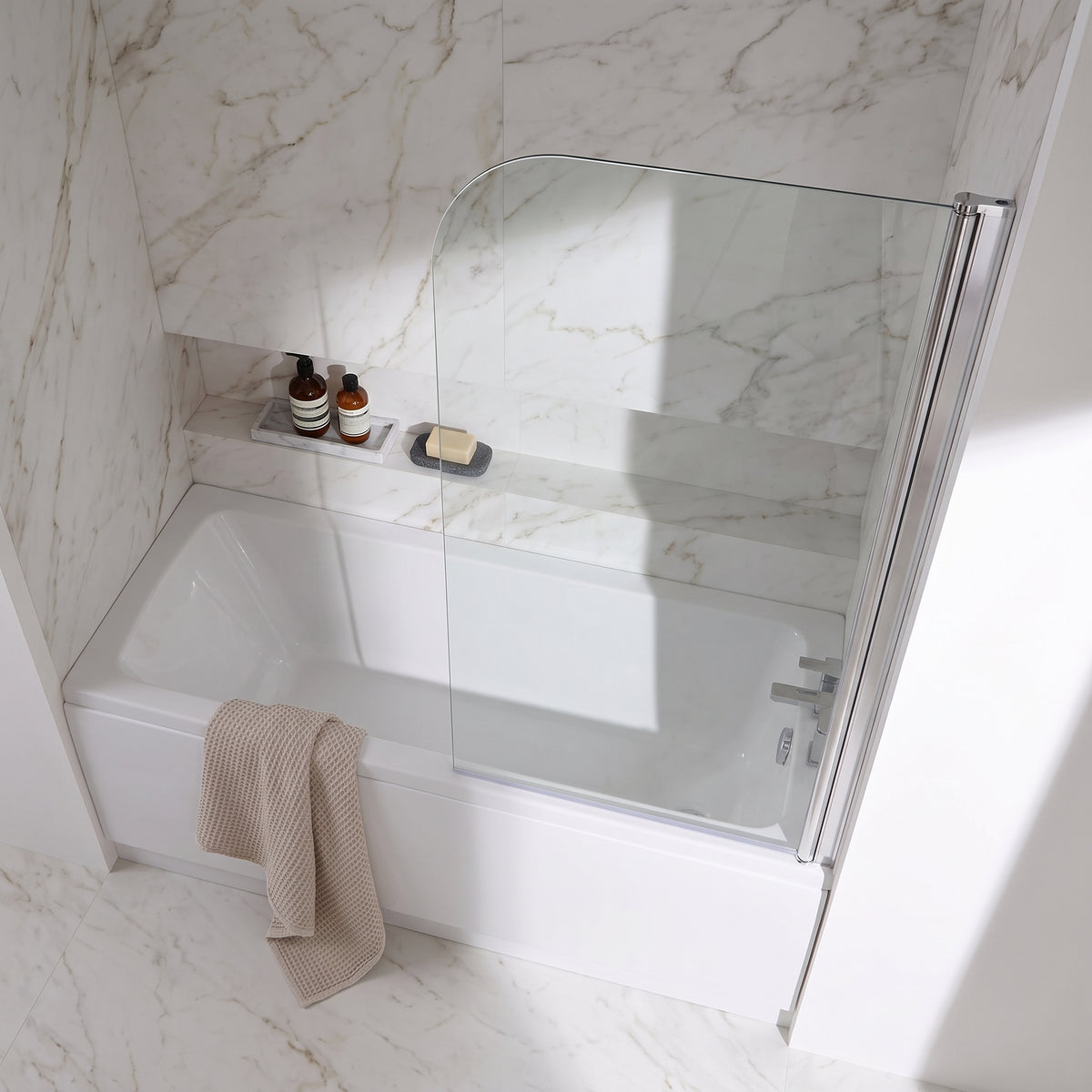 Fairford 6mm Radius Shower Bath Screen — Bright White Marble lifestyle