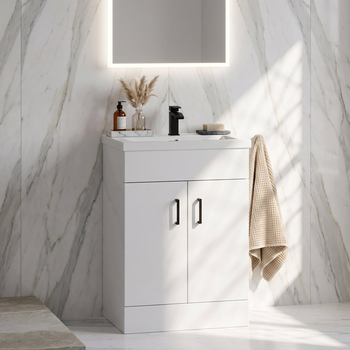 Fairford Kingsly Gloss White 600mm Floor Standing Vanity Unit — Bright White Marble lifestyle