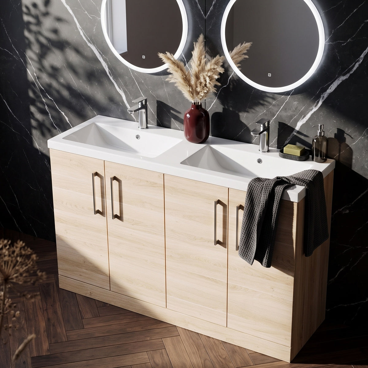 Fairford Aspri Bleached Oak 1200mm Floorstanding Double Vanity Unit with Doors and Basin