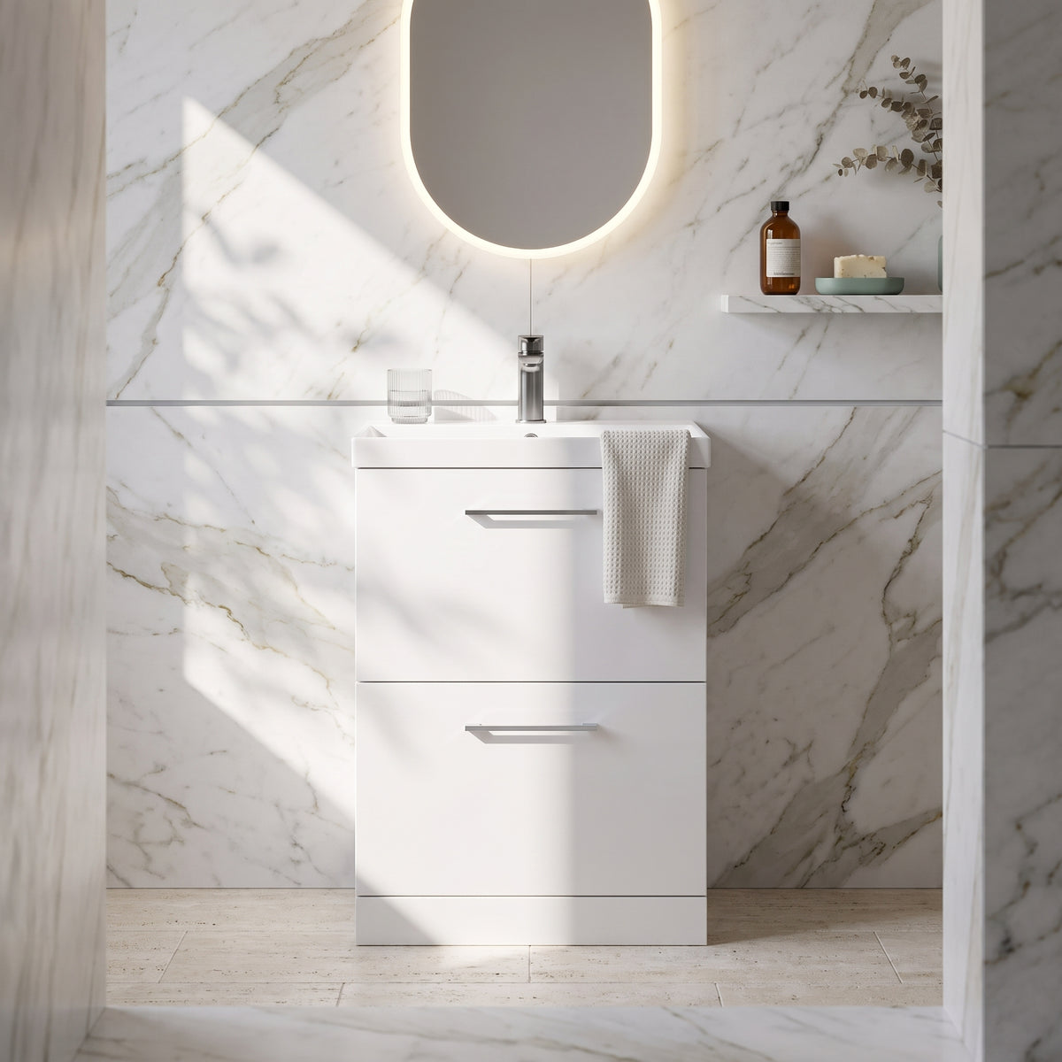 Fairford Aspri Gloss White 600mm 2 Drawer Floorstanding Vanity Unit