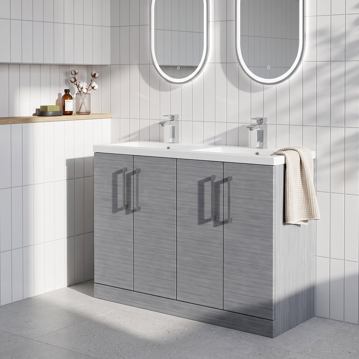 Fairford Aspri Grey Woodgrain 1200mm Floorstanding Double Vanity Unit with Doors and Basin