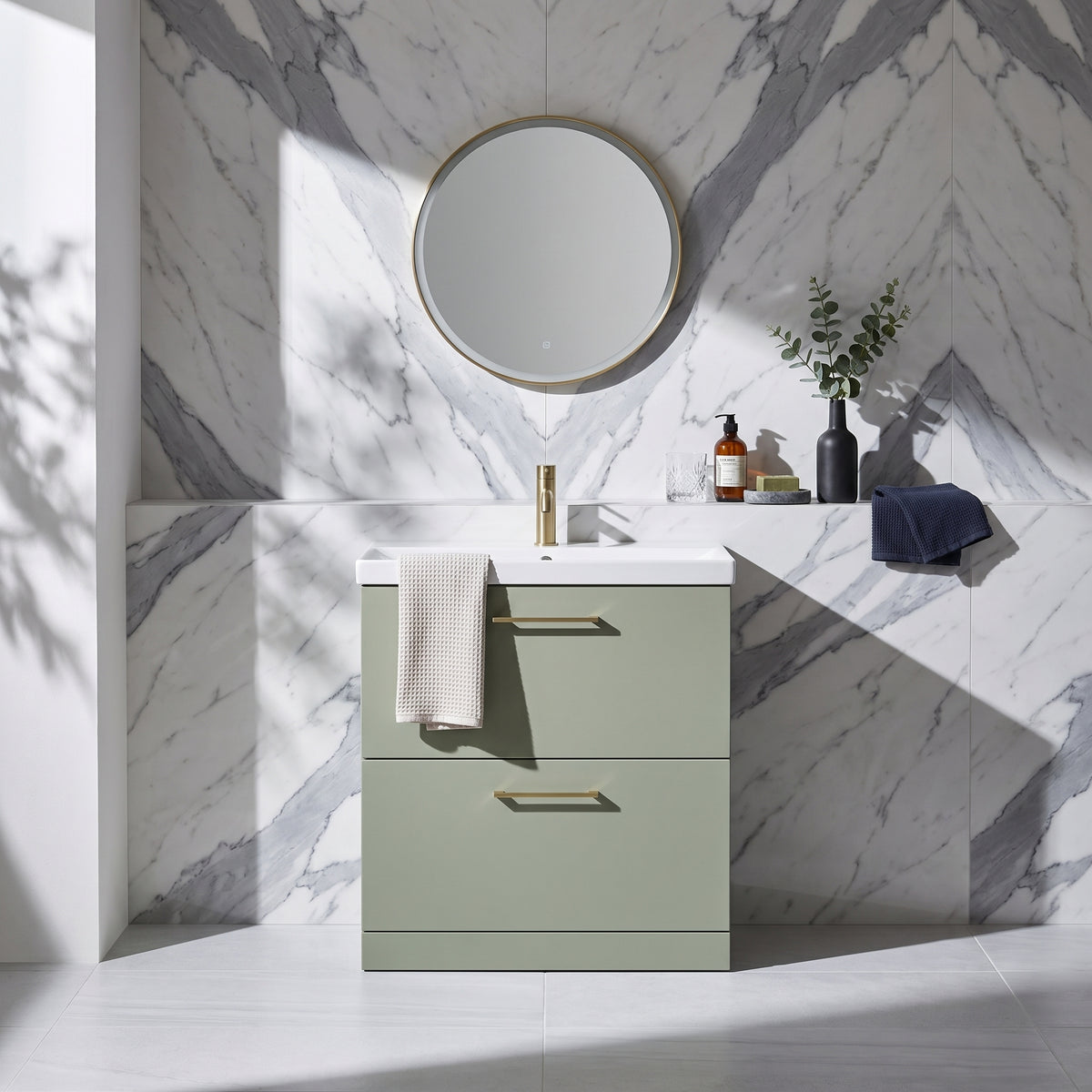 Fairford Aspri 800mm Satin Green 2-Drawer Floorstanding Vanity Unit