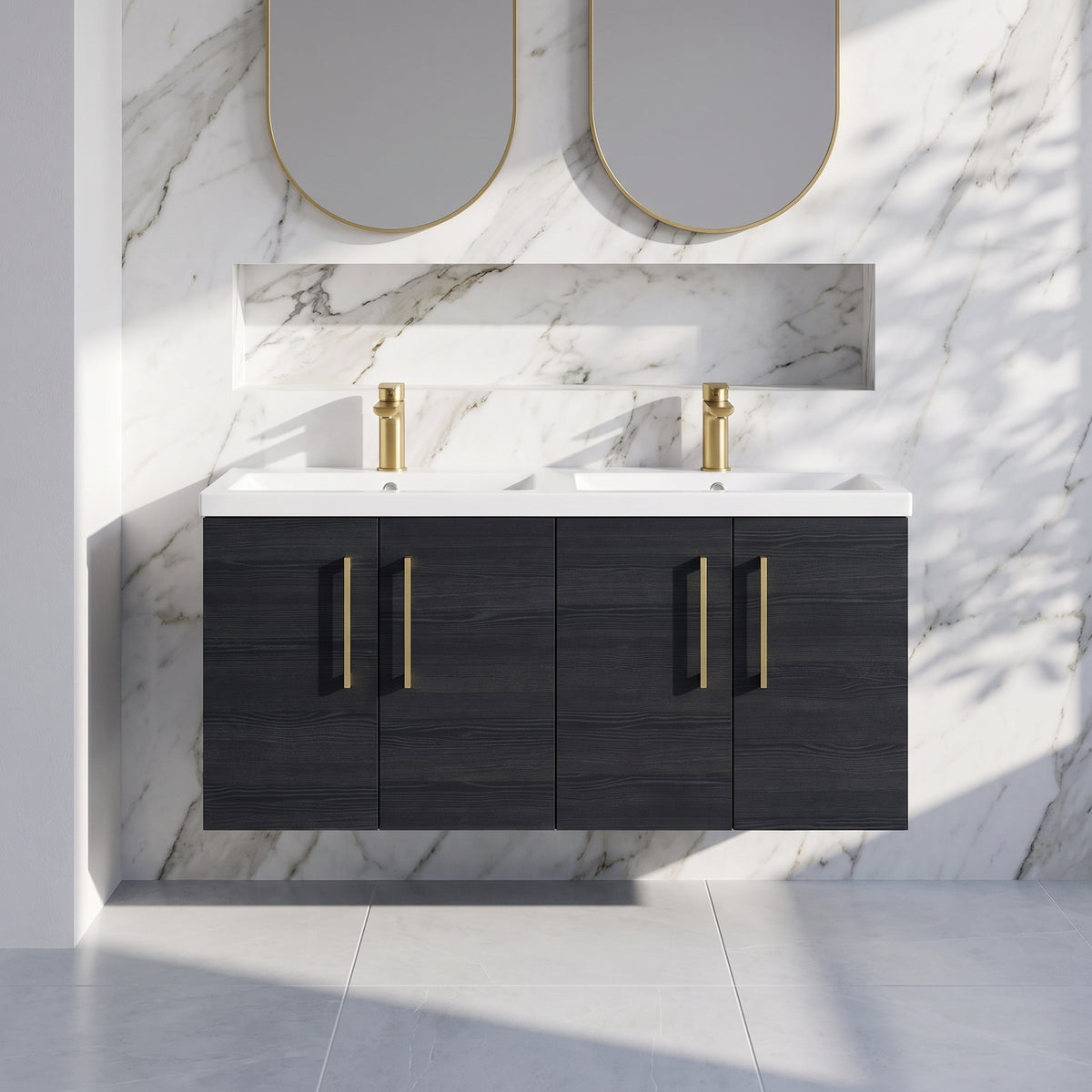 Fairford Aspri Black Woodgrain 1200mm 4 Door Wall Hung Vanity Unit