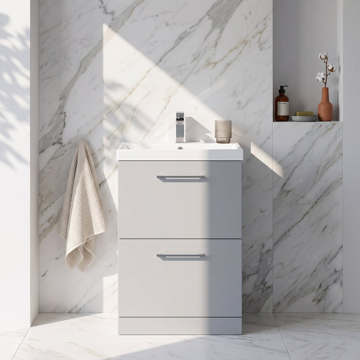 Fairford Aspri Satin Grey 600mm 2 Drawer Floorstanding Vanity Unit
